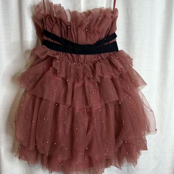 Anthropologie x Maeve Tiered Strapless Pearl Embellished Tulle Mini Dress - Picture 7 of 8